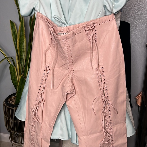 HOUSE OF CB 'Elliot' Peach Vegan Leather Lace Up Trousers NWOT